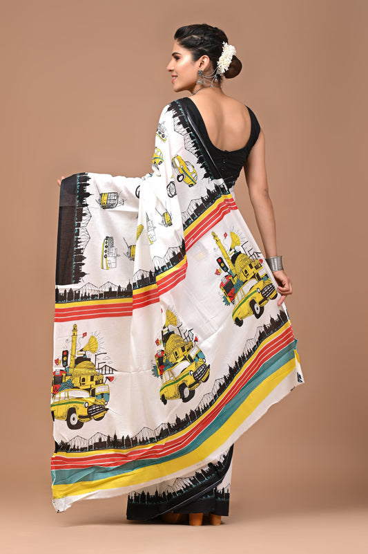 Car Print Handblock Printed Cotton Mulmul Saree with Blouse Piece