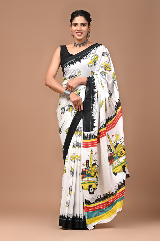 Car Print Handblock Printed Cotton Mulmul Saree with Blouse Piece