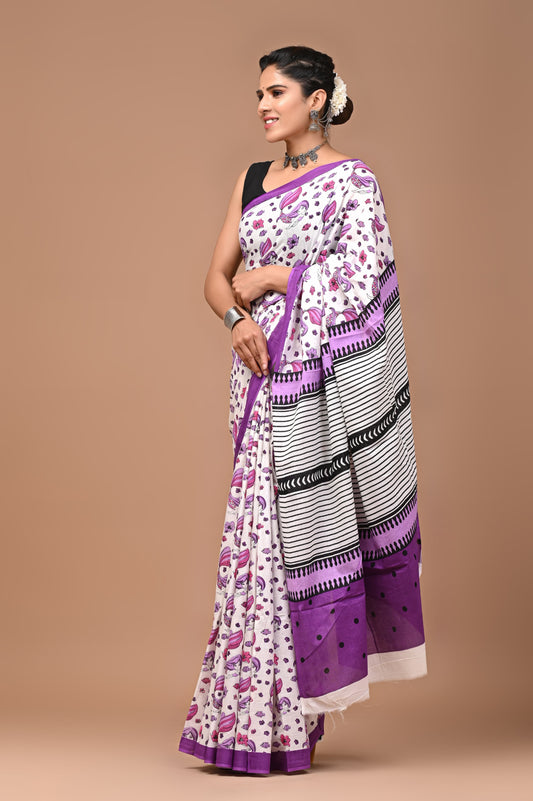 Purple Floral Handblock Printed Cotton Mulmul Saree with Blouse Piece
