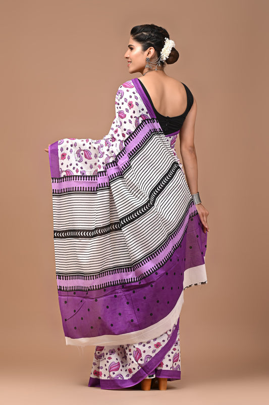 Purple Floral Handblock Printed Cotton Mulmul Saree with Blouse Piece