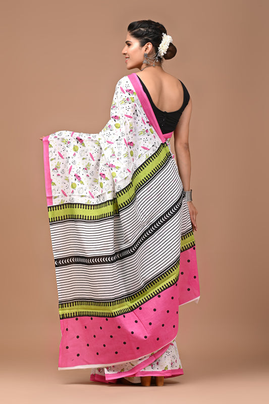 Astronsut Handblock Printed Cotton Mulmul Saree with Blouse Piece