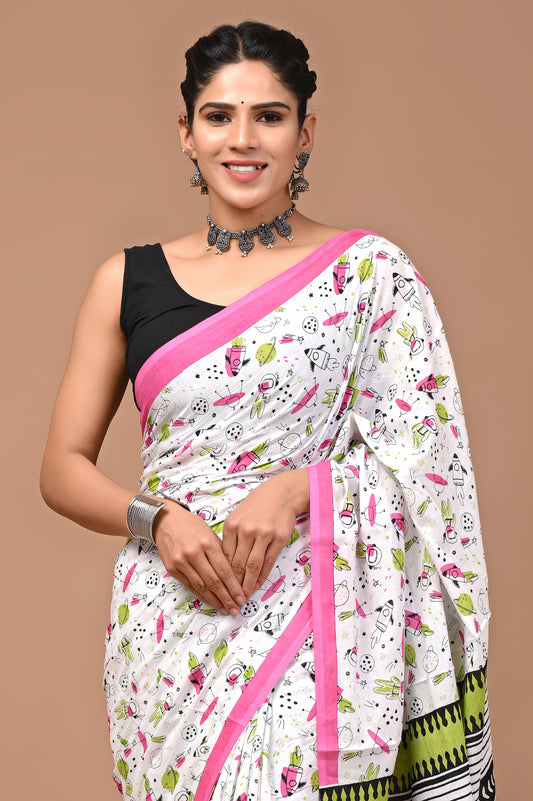 Astronsut Handblock Printed Cotton Mulmul Saree with Blouse Piece