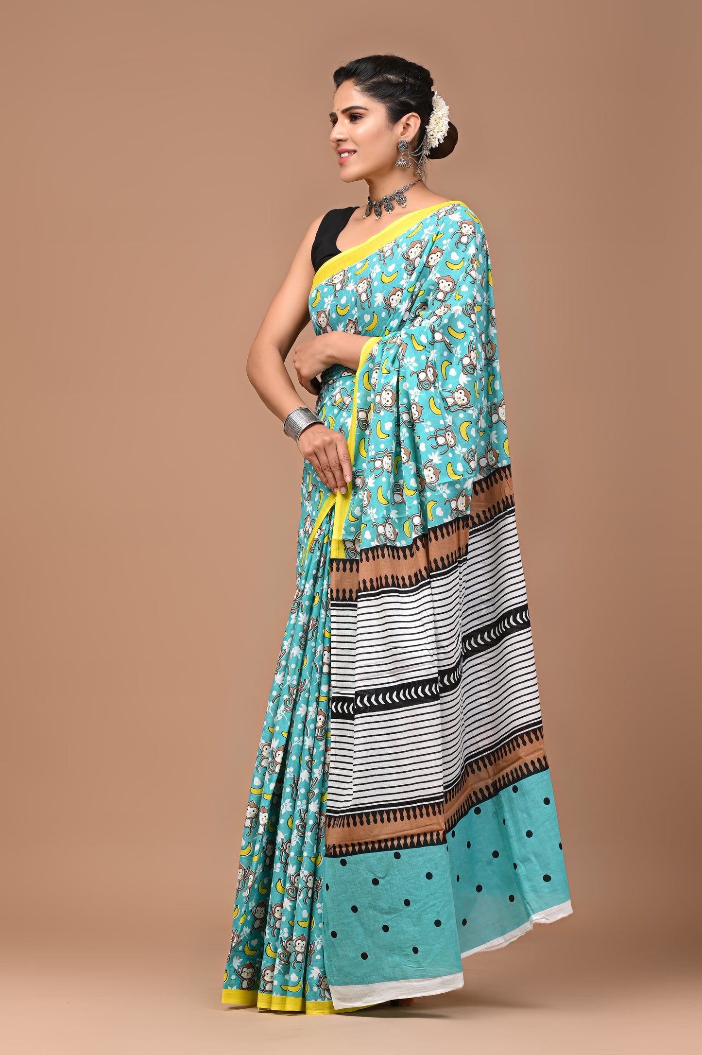Monkey Banana Handblock Printed Cotton Mulmul Saree with Blouse Piece