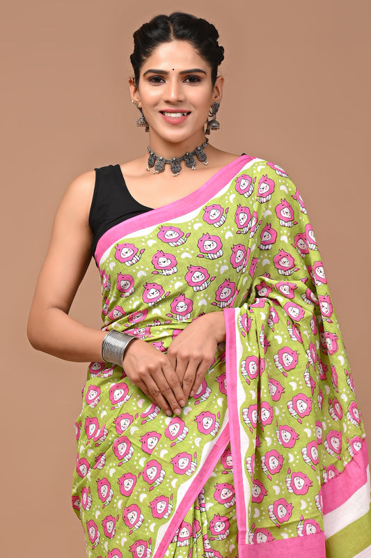 Kids Lion Handblock Printed Cotton Mulmul Saree with Blouse Piece
