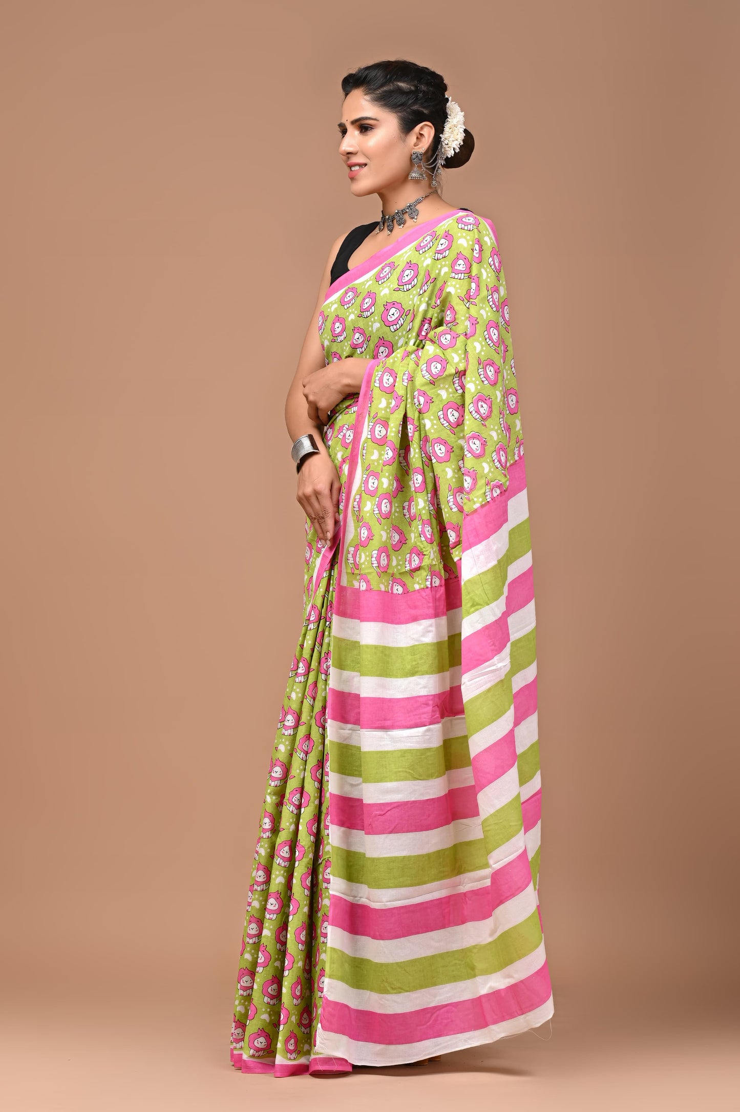 Kids Lion Handblock Printed Cotton Mulmul Saree with Blouse Piece