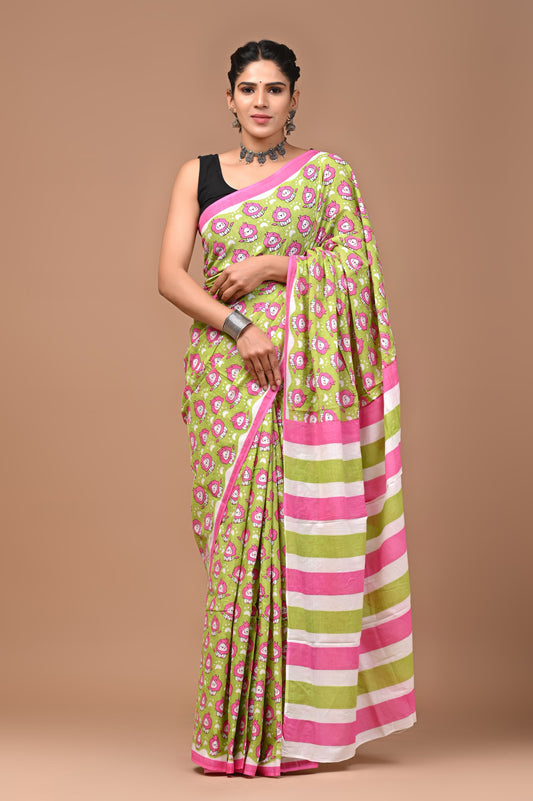 Kids Lion Handblock Printed Cotton Mulmul Saree with Blouse Piece