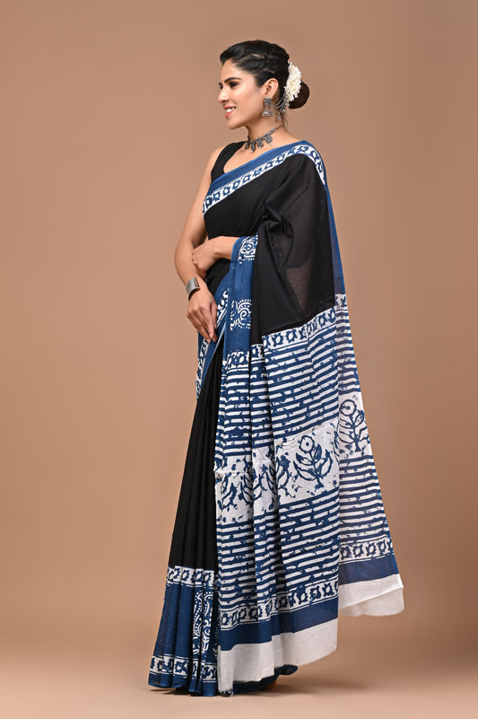 Pink & Blue Handblock Printed Cotton Mulmul Saree with Blouse Piece