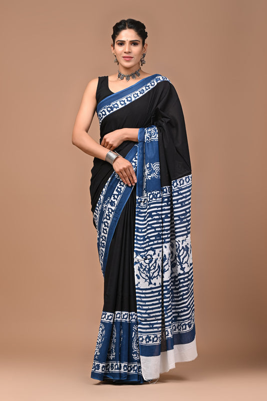 Pink & Blue Handblock Printed Cotton Mulmul Saree with Blouse Piece