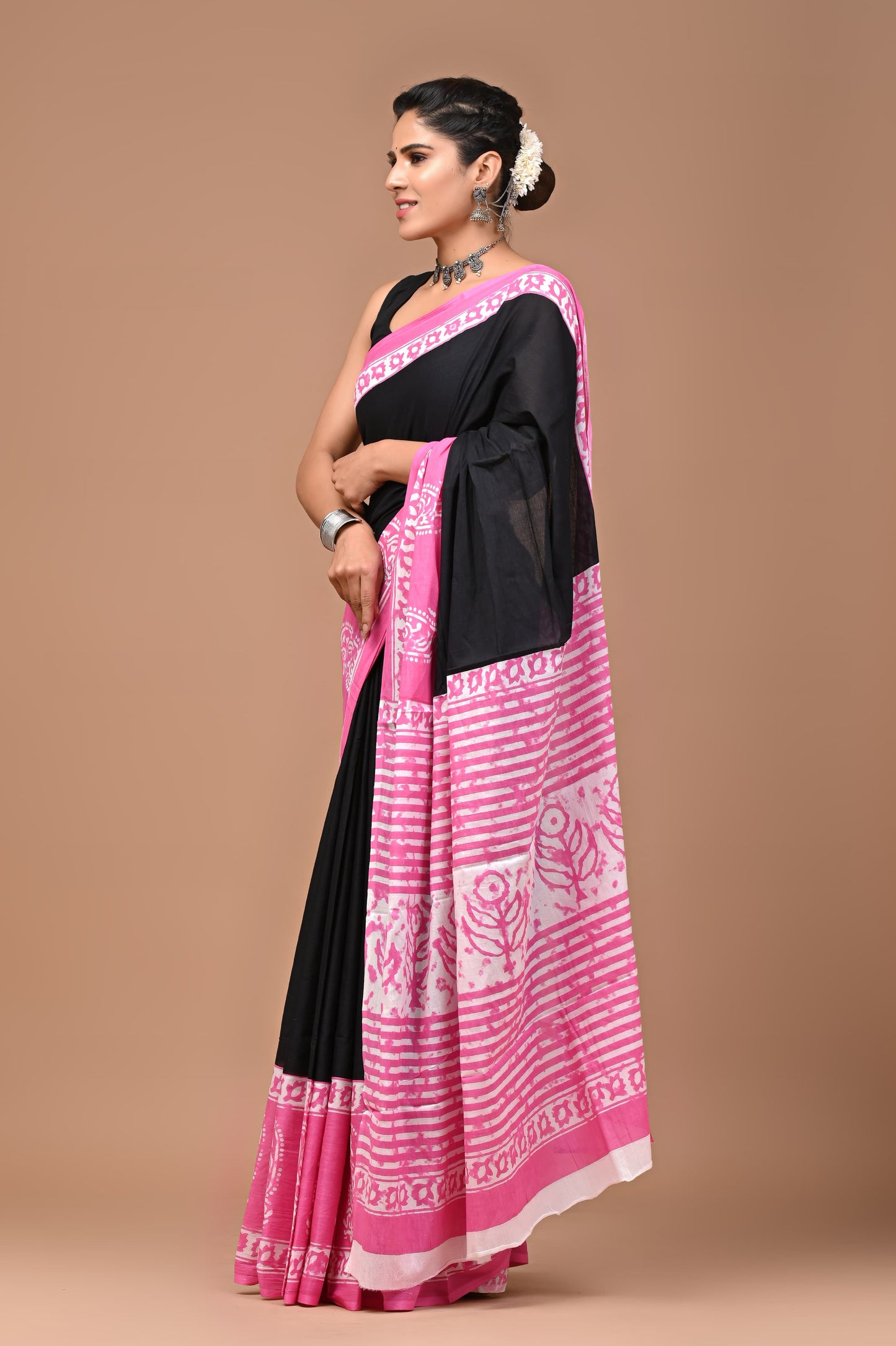 Pink & Black Handblock Printed Cotton Mulmul Saree with Blouse Piece