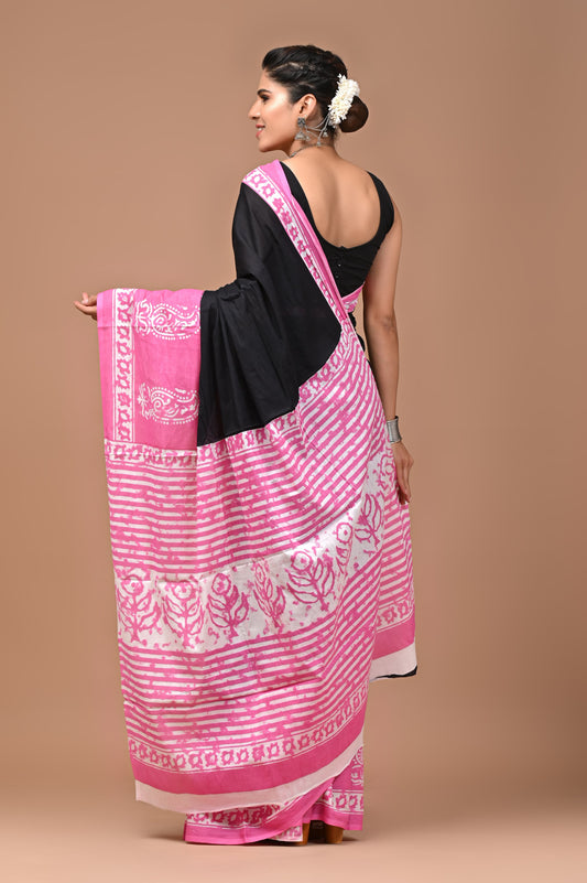 Pink & Black Handblock Printed Cotton Mulmul Saree with Blouse Piece