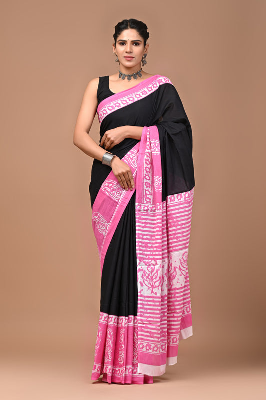 Pink & Black Handblock Printed Cotton Mulmul Saree with Blouse Piece