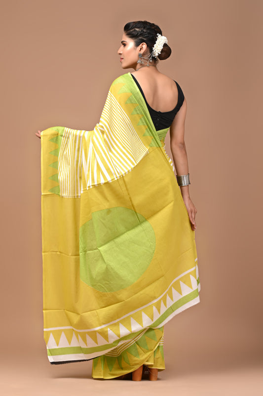 Musturd & Green Handblock Printed Cotton Mulmul Saree with Blouse Piece
