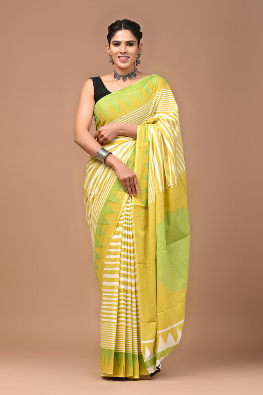 Musturd & Green Handblock Printed Cotton Mulmul Saree with Blouse Piece