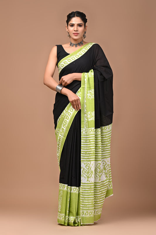 Black & Green Handblock Printed Cotton Mulmul Saree with Blouse Piece
