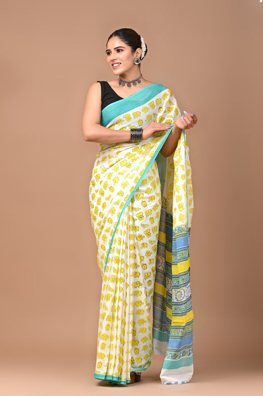 Yellow Elephant Handblock Printed Cotton Mulmul Saree with Blouse Piece