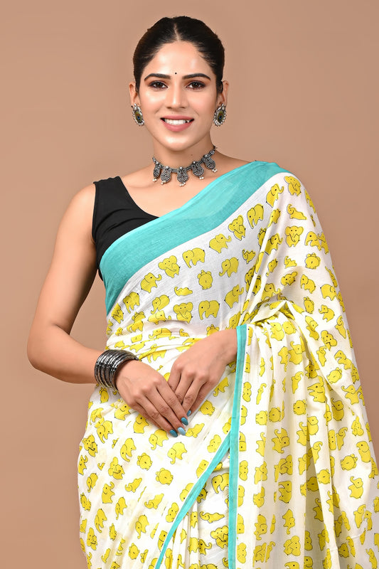 Yellow Elephant Handblock Printed Cotton Mulmul Saree with Blouse Piece