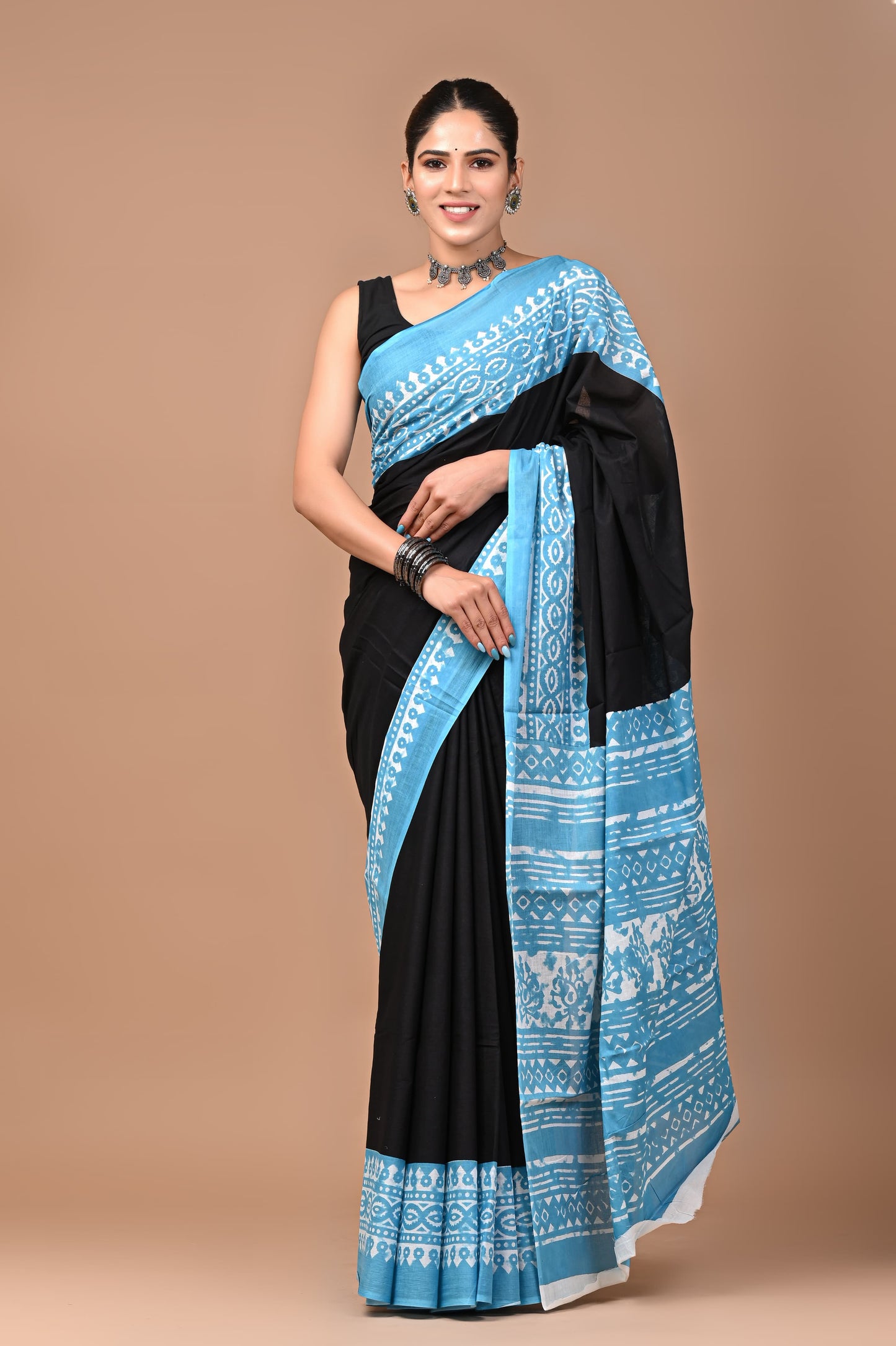 Blue & Black Handblock Printed Cotton Mulmul Saree with Blouse Piece