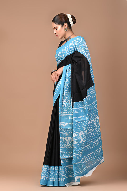 Blue & Black Handblock Printed Cotton Mulmul Saree with Blouse Piece