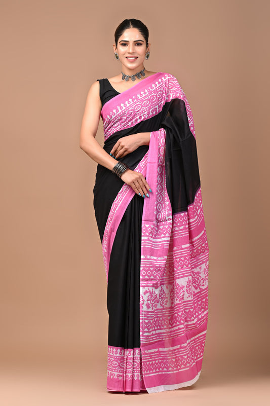 Black & Pink Handblock Printed Cotton Mulmul Saree with Blouse Piece