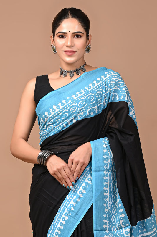 Blue & Black Handblock Printed Cotton Mulmul Saree with Blouse Piece