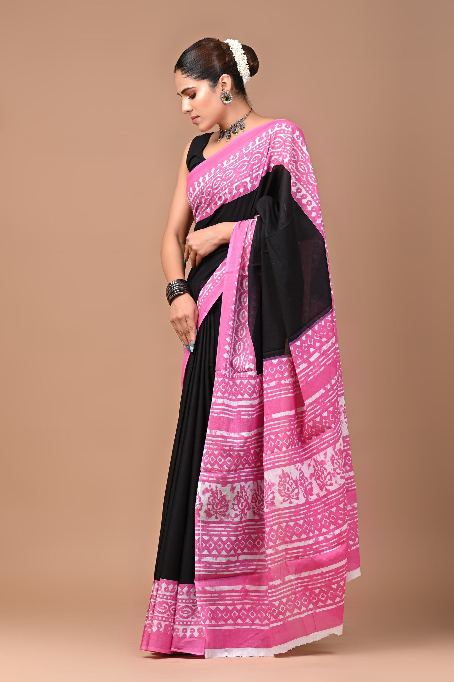 Black & Pink Handblock Printed Cotton Mulmul Saree with Blouse Piece