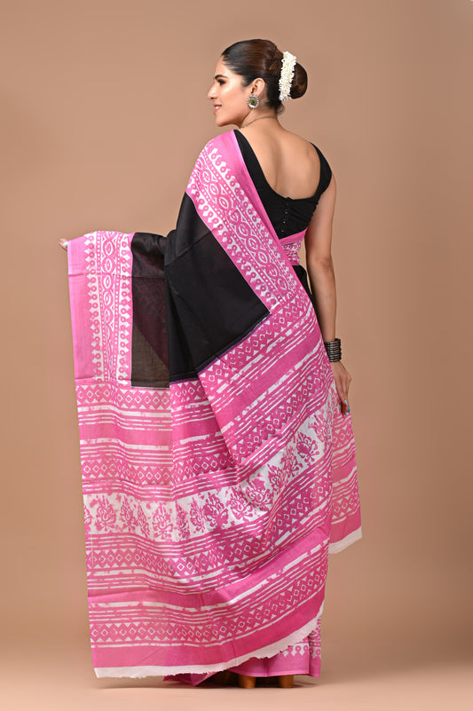 Black & Pink Handblock Printed Cotton Mulmul Saree with Blouse Piece