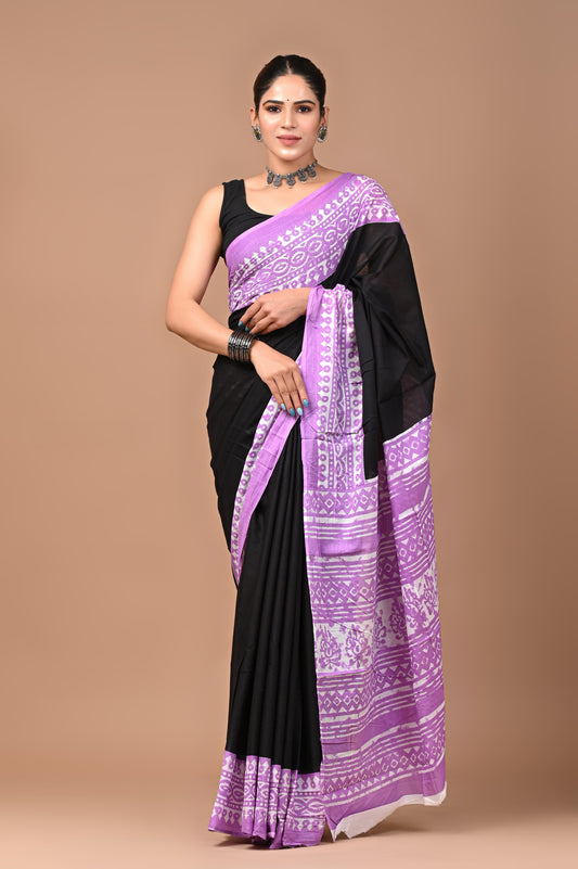 Black & Purple Handblock Printed Cotton Mulmul Saree with Blouse Piece