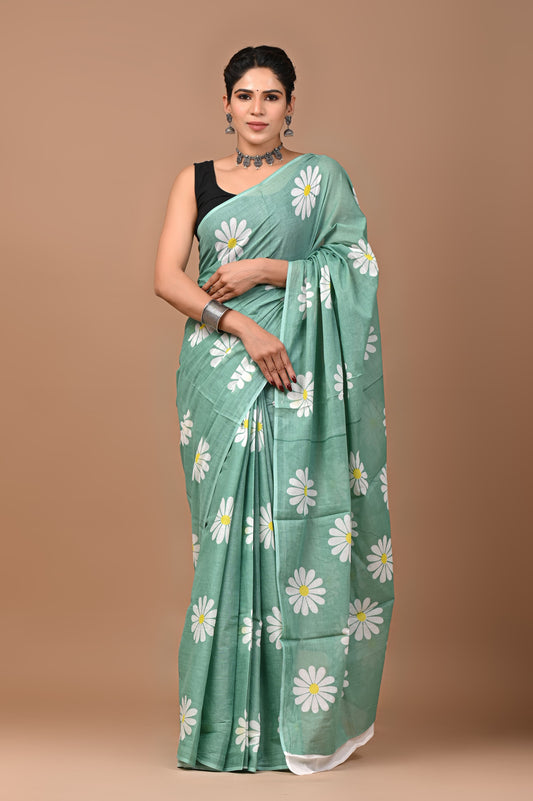 Olive Green Floral Handblock Printed Cotton Mulmul Saree with Blouse Piece