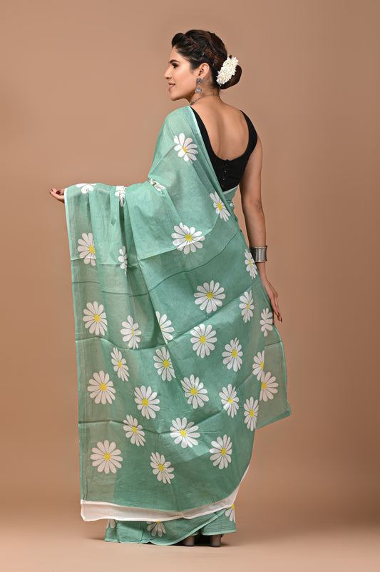 Olive Green Floral Handblock Printed Cotton Mulmul Saree with Blouse Piece