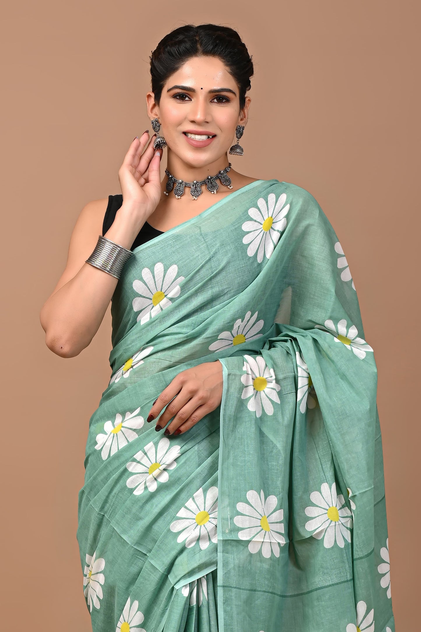 Olive Green Floral Handblock Printed Cotton Mulmul Saree with Blouse Piece