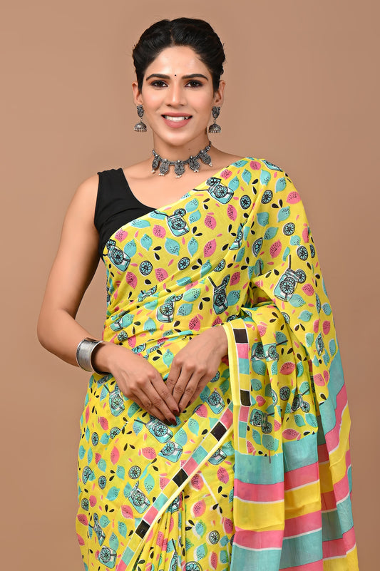 Yellow Mocktail Handblock Printed Cotton Mulmul Saree with Blouse Piece