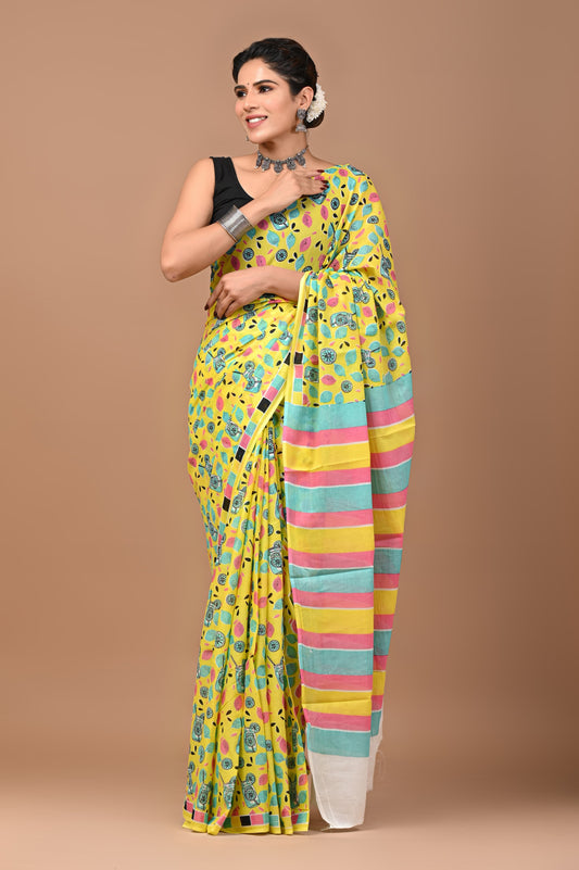 Yellow Mocktail Handblock Printed Cotton Mulmul Saree with Blouse Piece