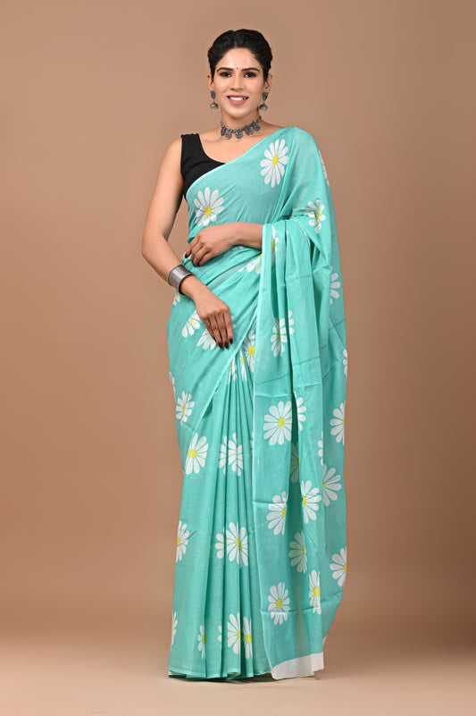 Sky Blue Floral Handblock Printed Cotton Mulmul Saree with Blouse Piece