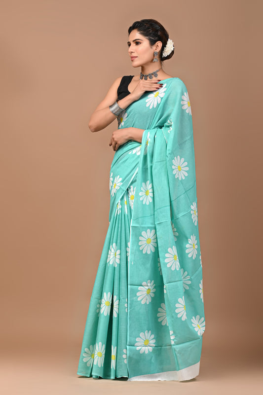 Sky Blue Floral Handblock Printed Cotton Mulmul Saree with Blouse Piece