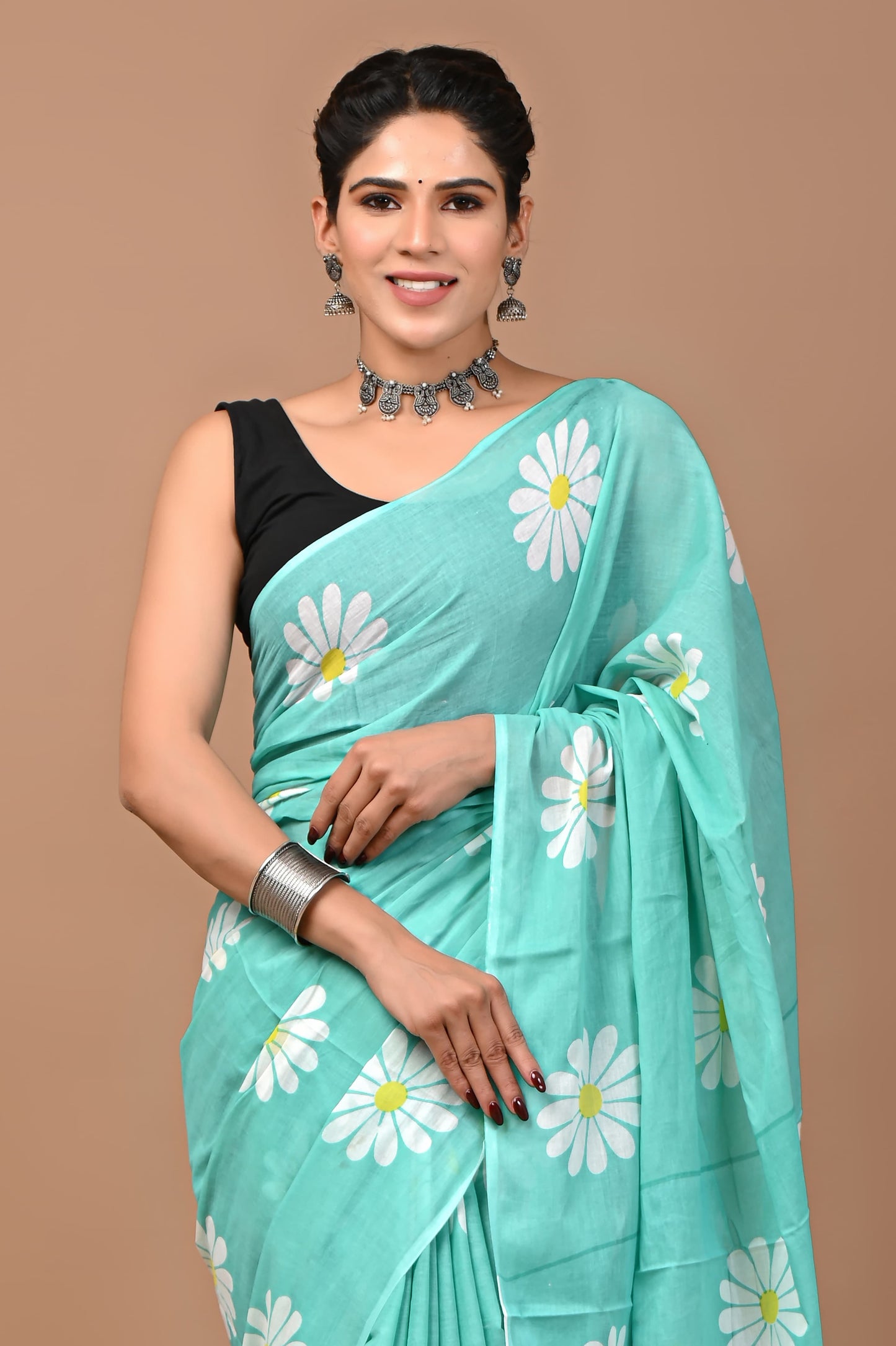 Sky Blue Floral Handblock Printed Cotton Mulmul Saree with Blouse Piece