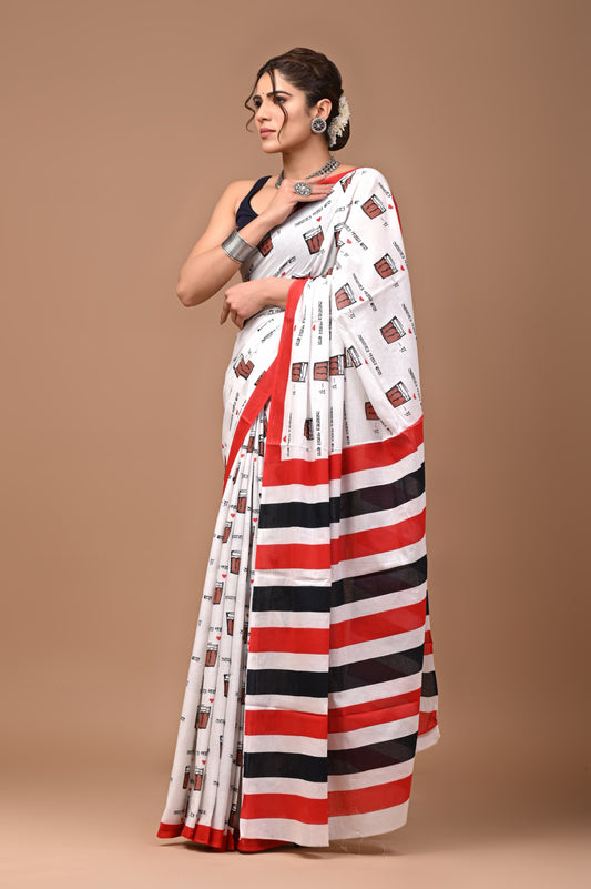 TEA Print Handblock Printed Cotton Mulmul Saree with Blouse Piece