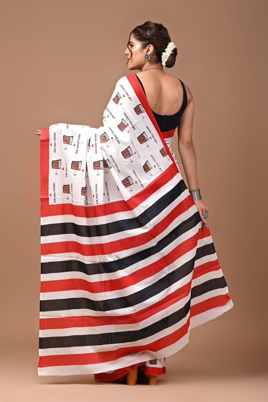 TEA Print Handblock Printed Cotton Mulmul Saree with Blouse Piece