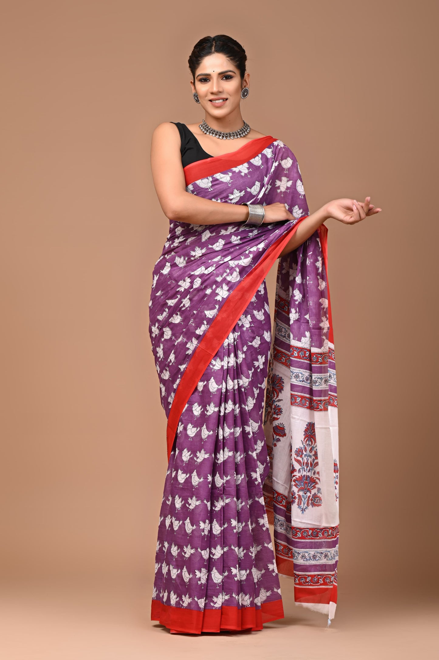Lavender Bird Handblock Printed Cotton Mulmul Saree with Blouse Piece