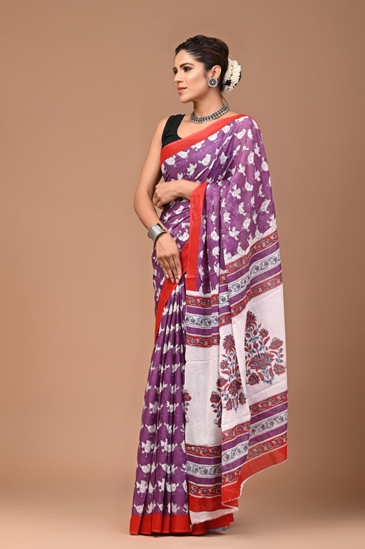 Lavender Bird Handblock Printed Cotton Mulmul Saree with Blouse Piece