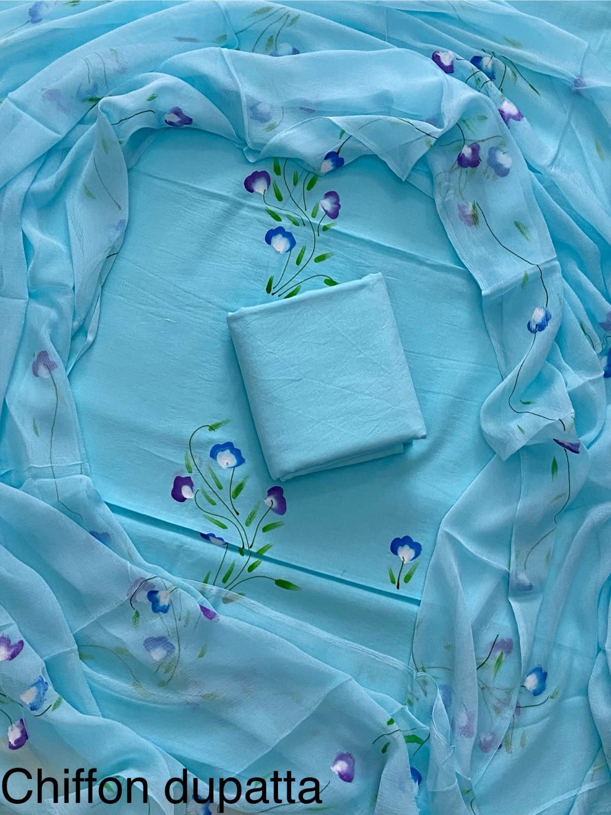 Sky Blue Hand Painted Cotton Suit With Hand Painted Chiffon Dupatta