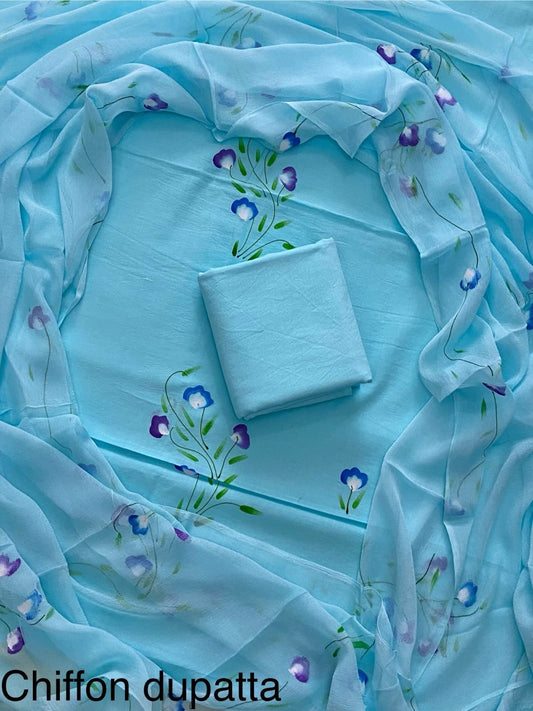 Sky Blue Hand Painted Cotton Suit With Hand Painted Chiffon Dupatta