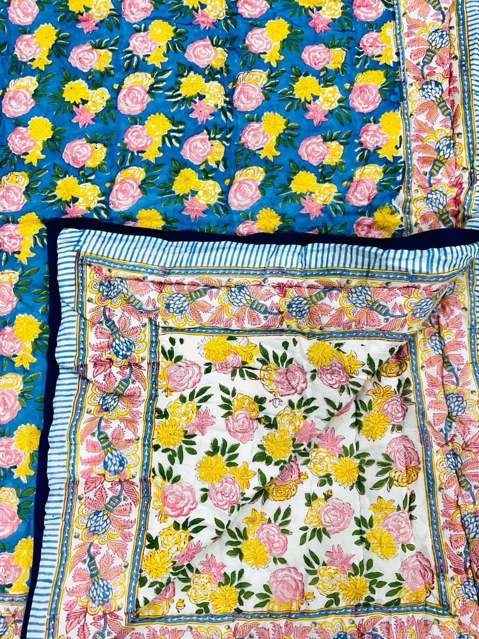 Blue Floral Hand Block Print Reversible Quilt