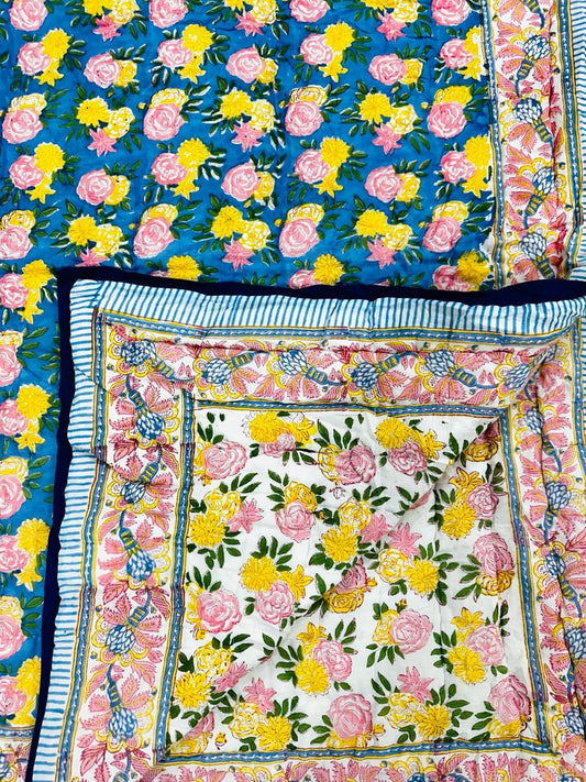 Blue Floral Hand Block Print Reversible Quilt