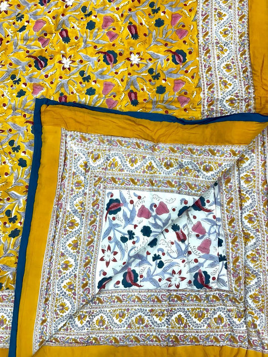 Yellow Lily Hand Block Print Reversible Quilt