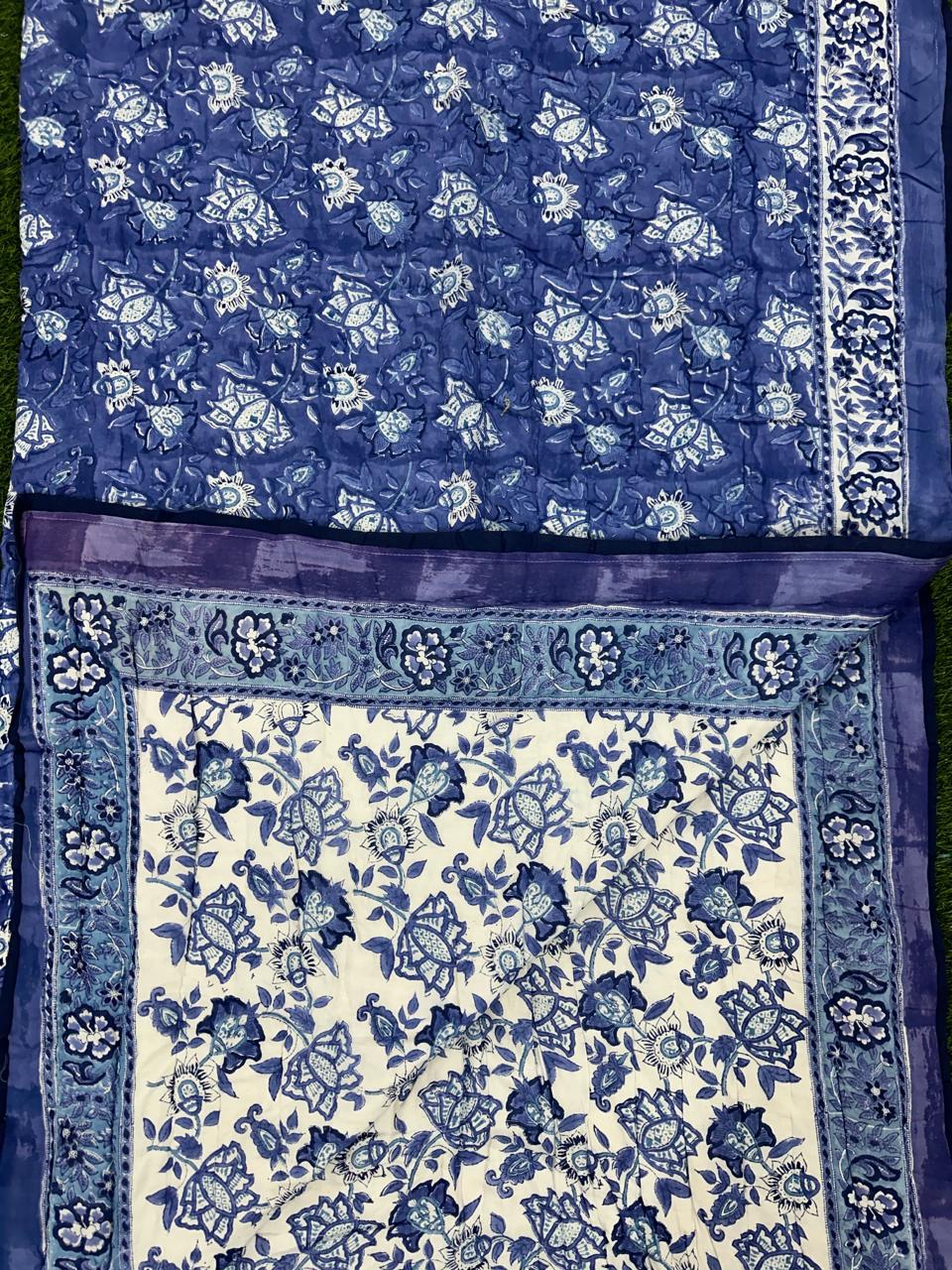 Blue Floral Hand Block Print Reversible Quilt