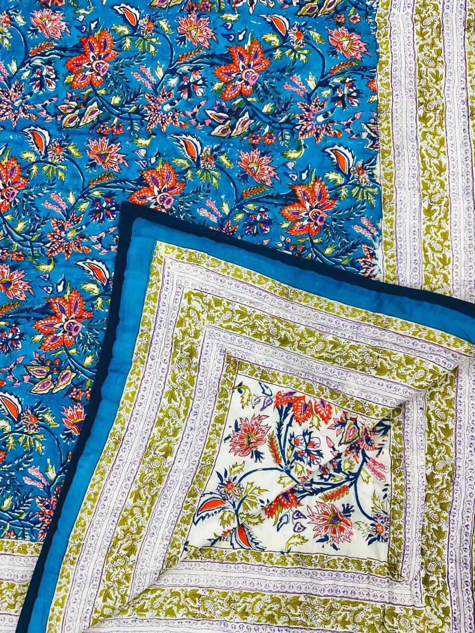 Blue Floral Hand Block Printed Cotton Quilt