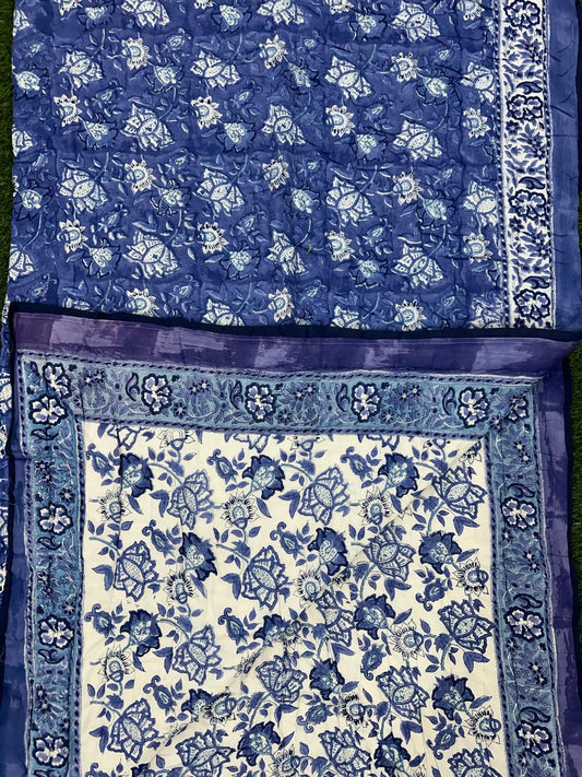 Blue Floral Hand Block Print Reversible Quilt