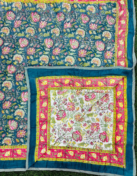 Blue Floral Hand Block Printed Cotton Quilt