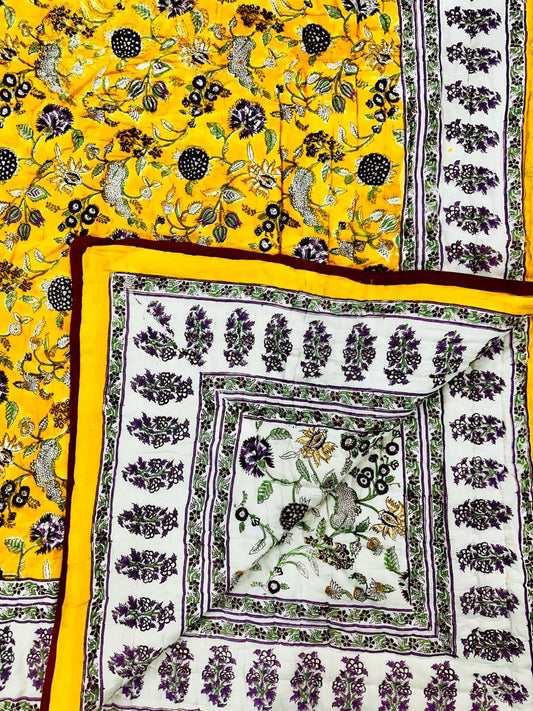 Yellow Lily Floral Hand Block Printed Cotton Quilt
