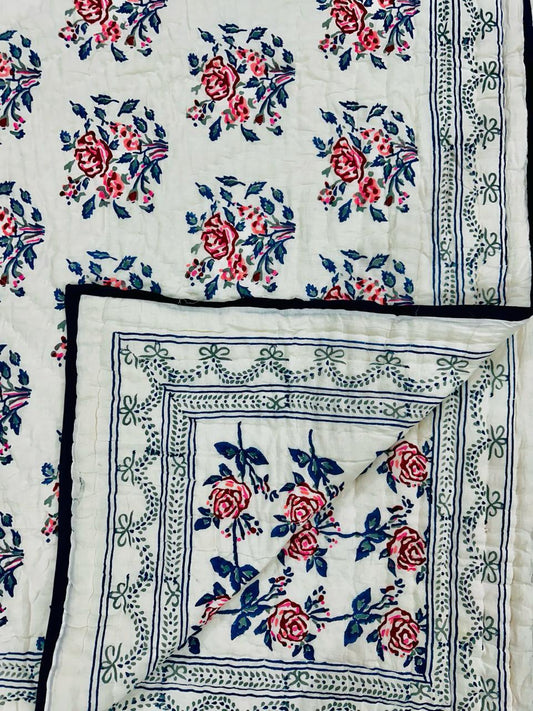 White Floral Hand Block Print Reversible Quilt